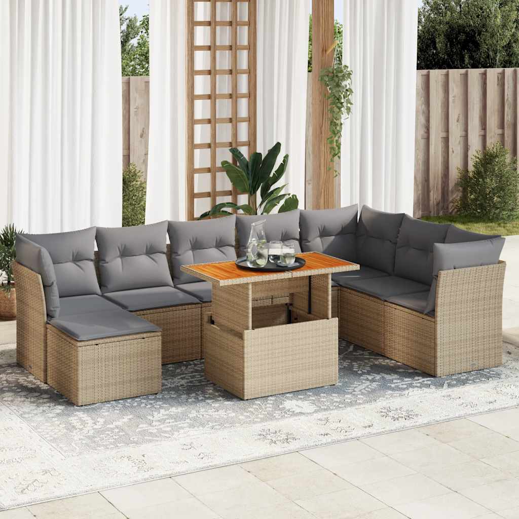 9-tlg. Garten-Sofagarnitur mit Kissen Schwarz Poly Rattan
