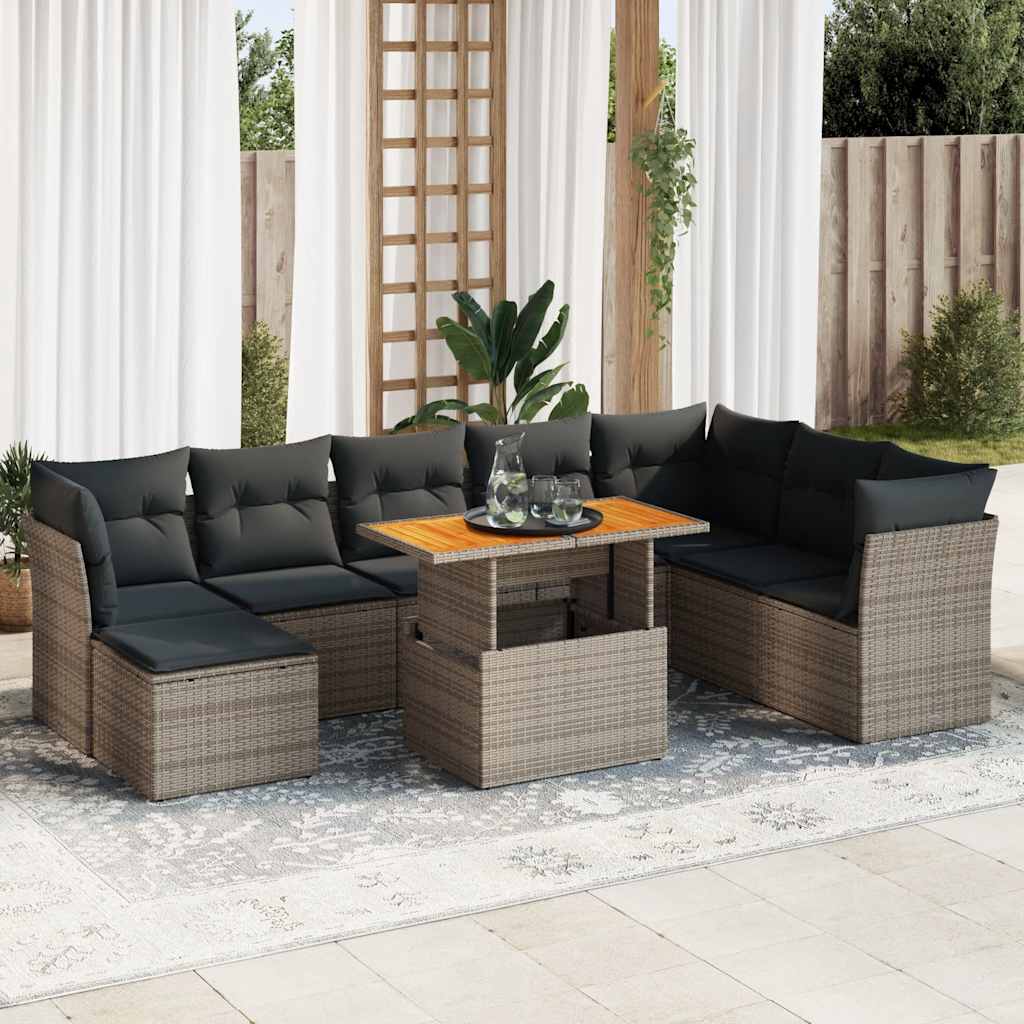 9-tlg. Garten-Sofagarnitur mit Kissen Schwarz Poly Rattan
