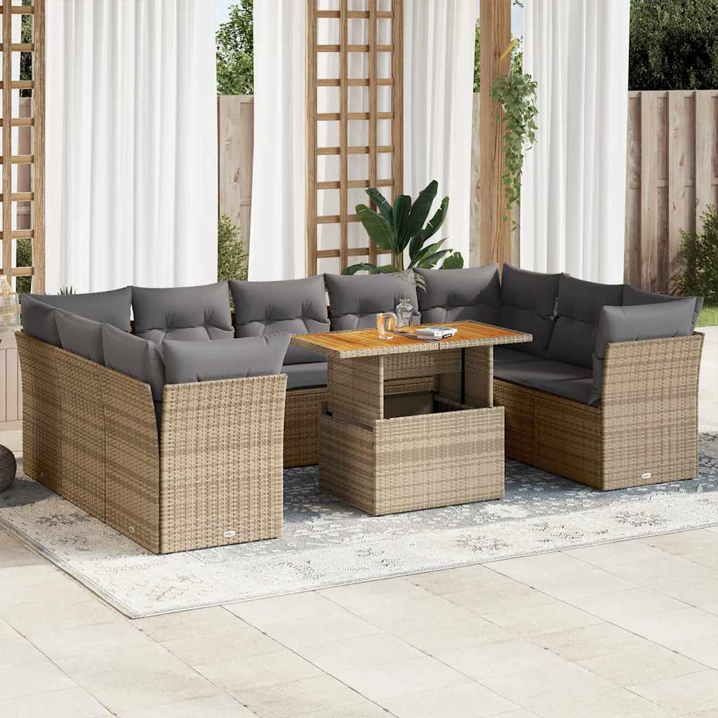 vidaXL 10-tlg. Garten-Sofagarnitur mit Kissen Schwarz Poly Rattan