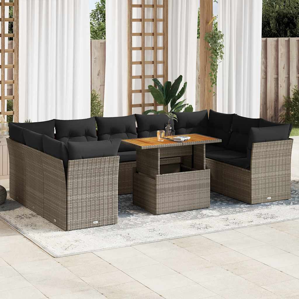 vidaXL 10-tlg. Garten-Sofagarnitur mit Kissen Schwarz Poly Rattan