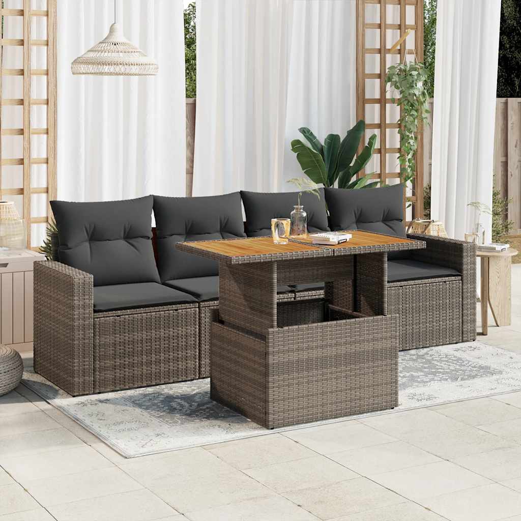5-tlg. Garten-Sofagarnitur mit Kissen Schwarz Poly Rattan