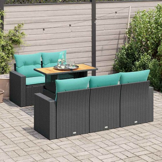 6-tlg. Garten-Sofagarnitur mit Kissen Schwarz Poly Rattan