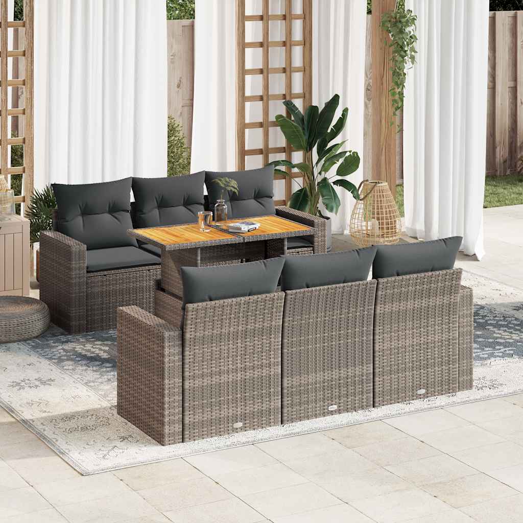 7-tlg. Garten-Sofagarnitur mit Kissen Schwarz Poly Rattan
