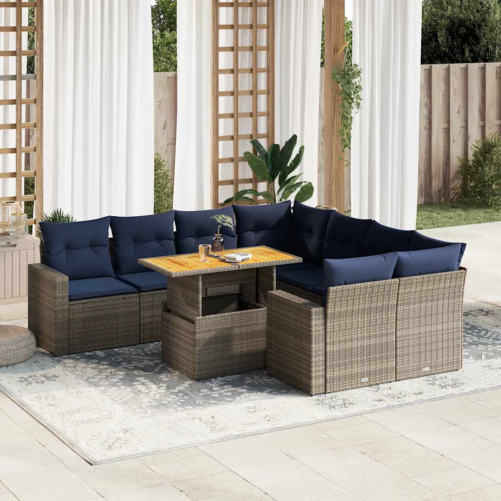 9-tlg. Garten-Sofagarnitur mit Kissen Schwarz Poly Rattan