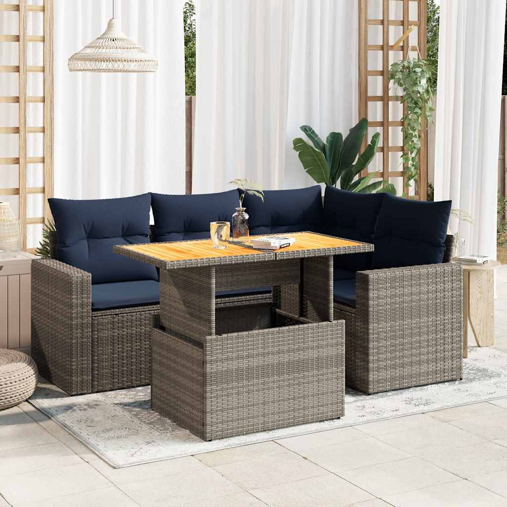 5-tlg. Garten-Sofagarnitur mit Kissen Schwarz Poly Rattan