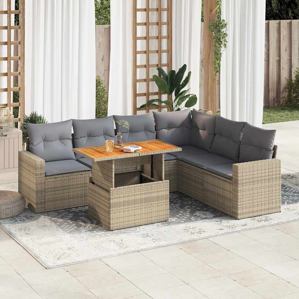 7-tlg. Garten-Sofagarnitur mit Kissen Schwarz Poly Rattan