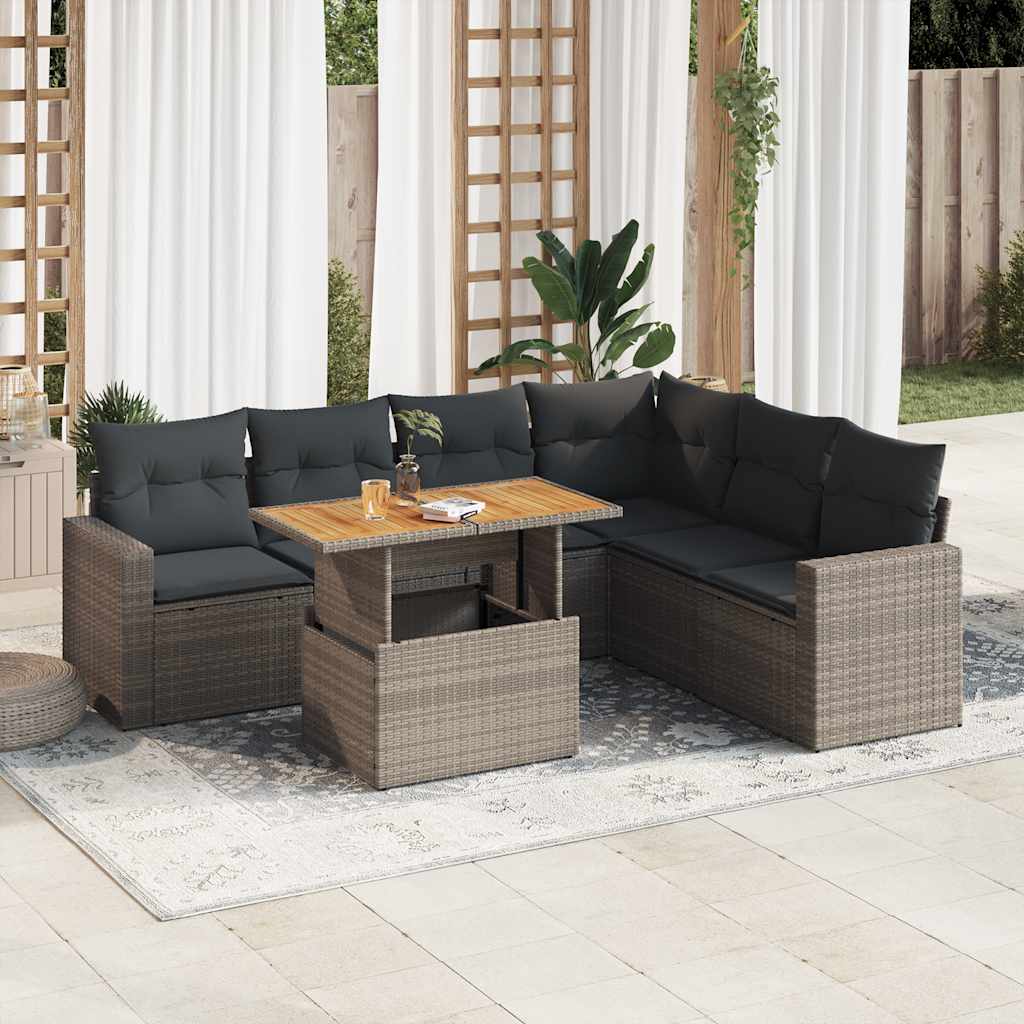 7-tlg. Garten-Sofagarnitur mit Kissen Schwarz Poly Rattan
