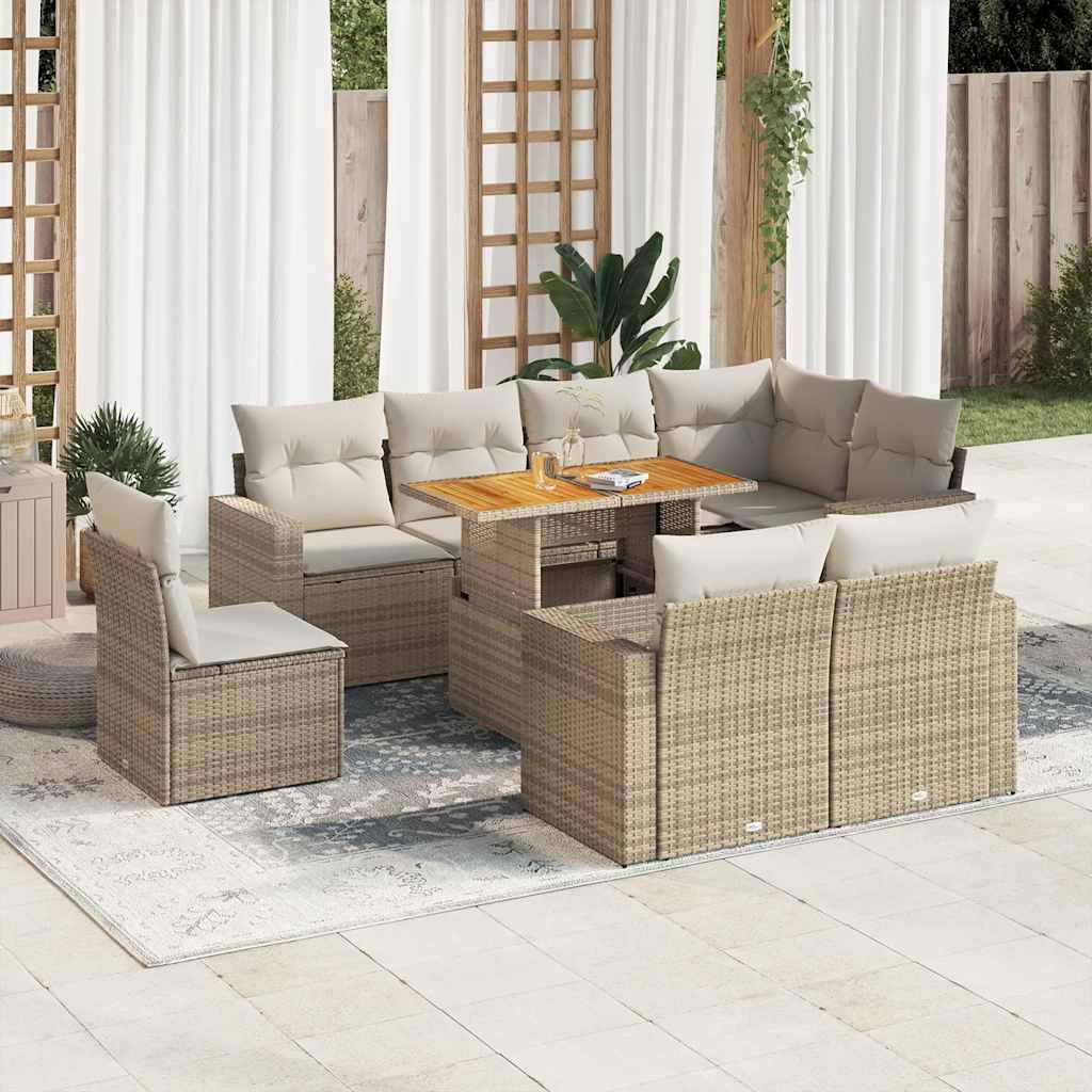 9-tlg. Garten-Sofagarnitur mit Kissen Schwarz Poly Rattan