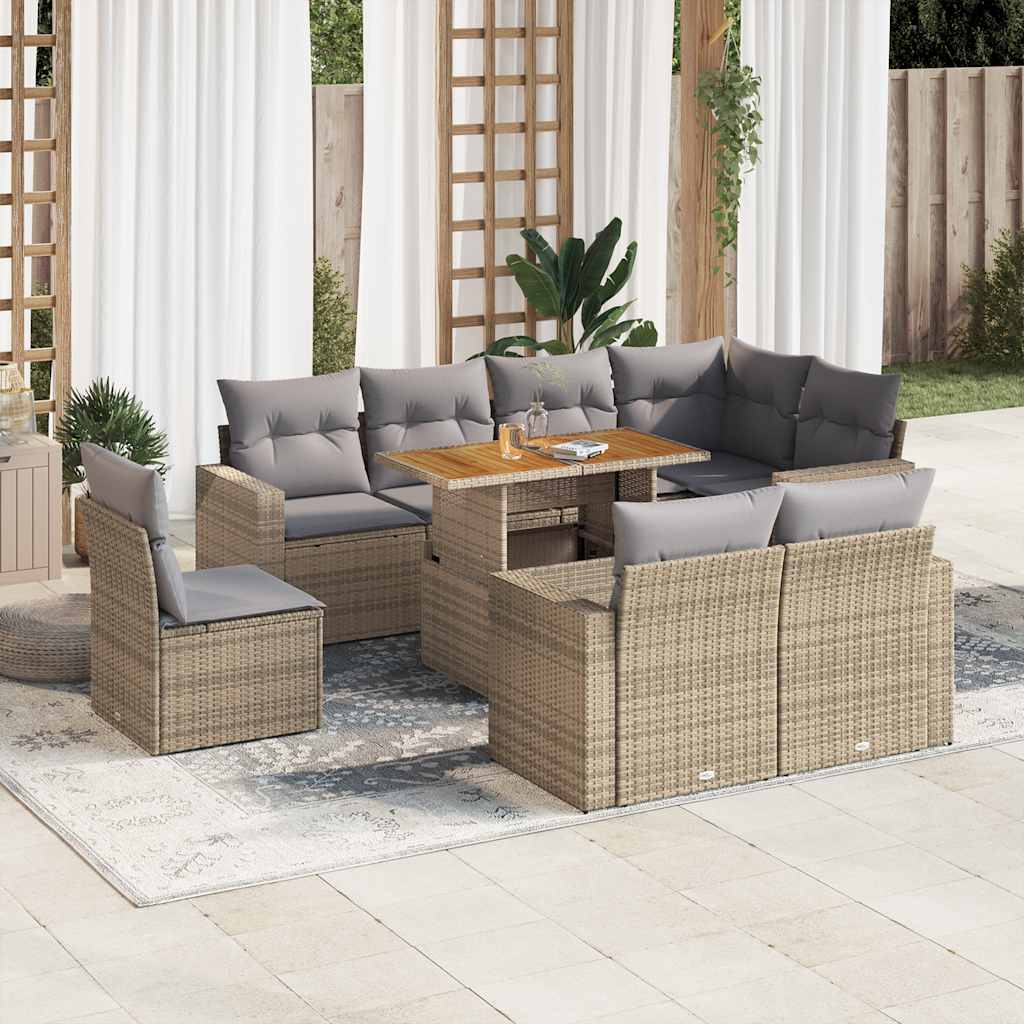9-tlg. Garten-Sofagarnitur mit Kissen Schwarz Poly Rattan