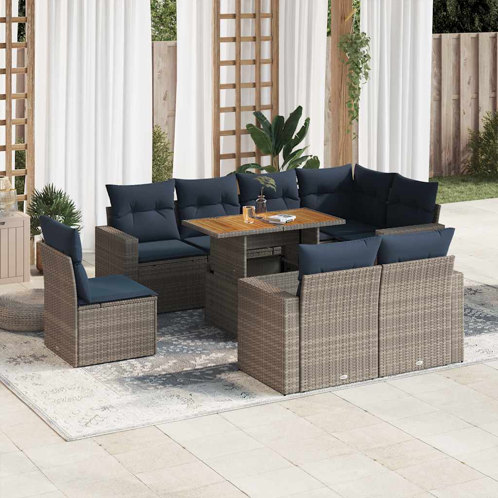 9-tlg. Garten-Sofagarnitur mit Kissen Schwarz Poly Rattan