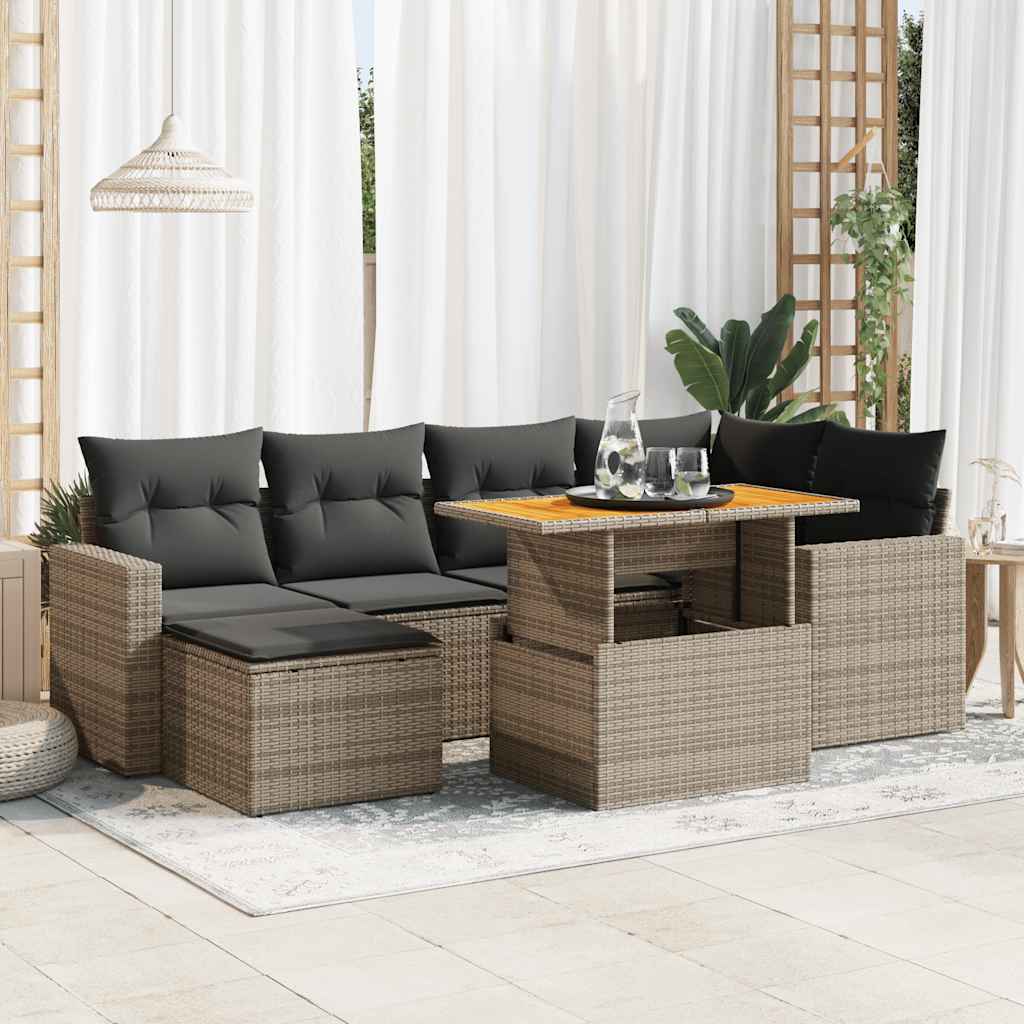 7-tlg. Garten-Sofagarnitur mit Kissen Schwarz Poly Rattan