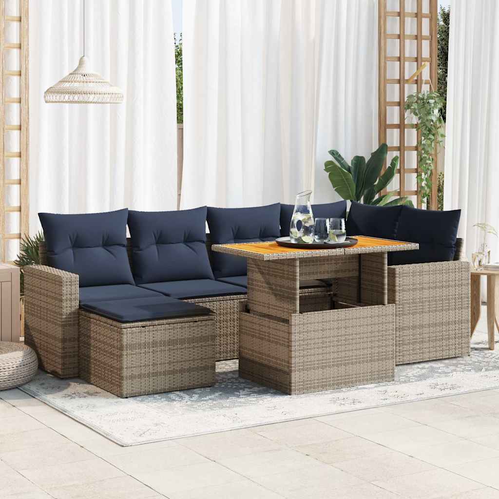 7-tlg. Garten-Sofagarnitur mit Kissen Schwarz Poly Rattan
