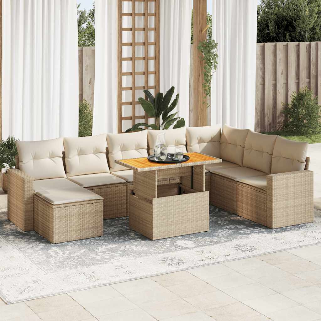 9-tlg. Garten-Sofagarnitur mit Kissen Schwarz Poly Rattan