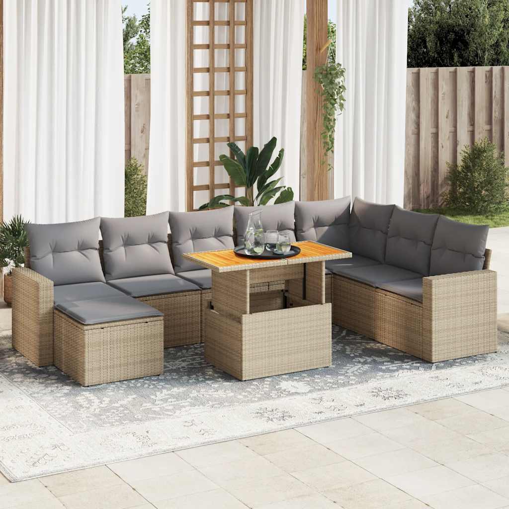 9-tlg. Garten-Sofagarnitur mit Kissen Schwarz Poly Rattan