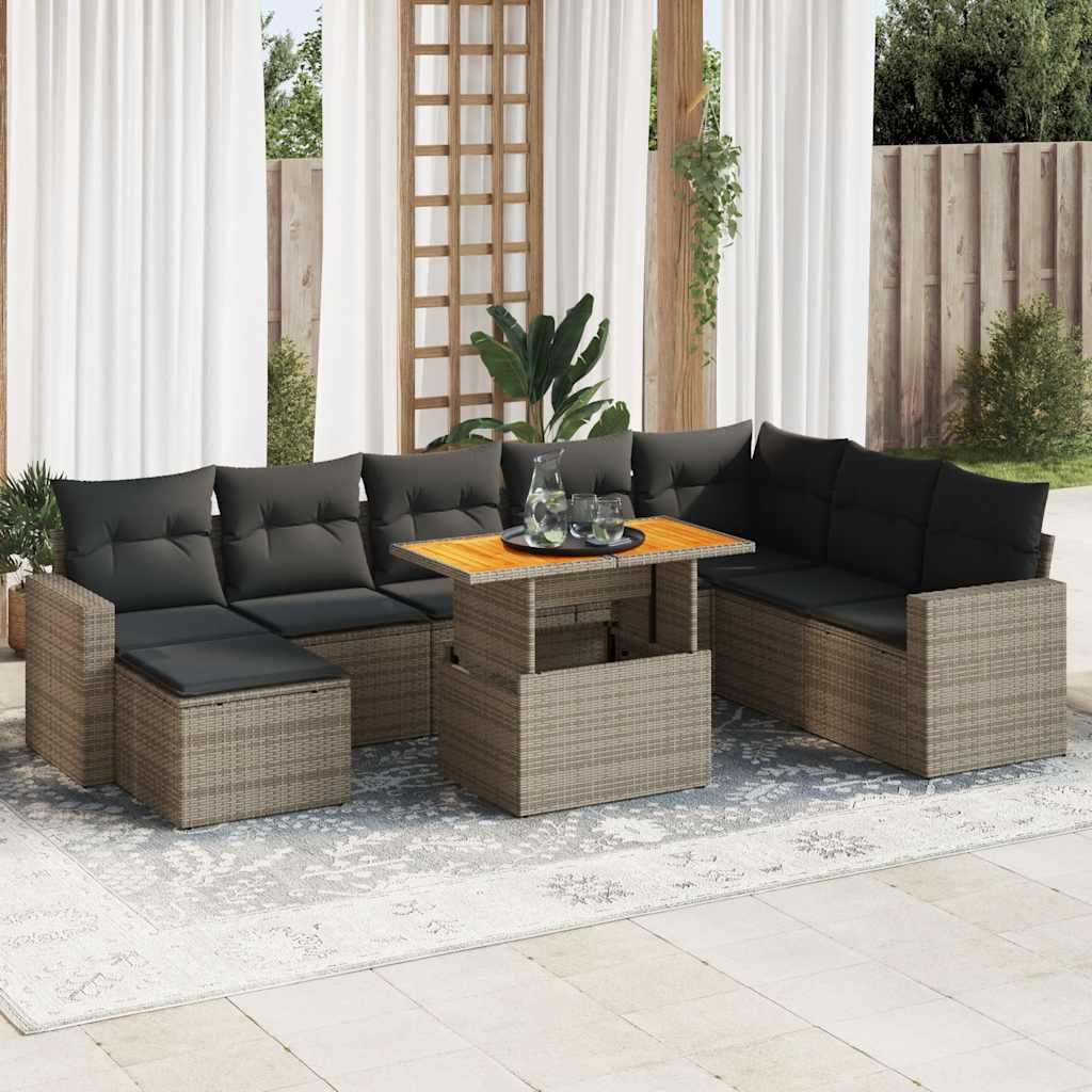 9-tlg. Garten-Sofagarnitur mit Kissen Schwarz Poly Rattan