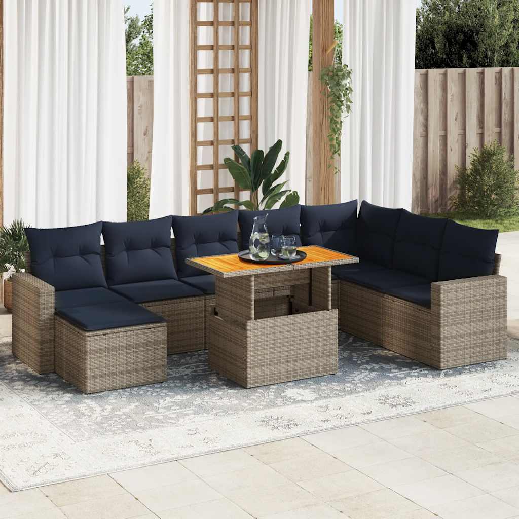 9-tlg. Garten-Sofagarnitur mit Kissen Schwarz Poly Rattan