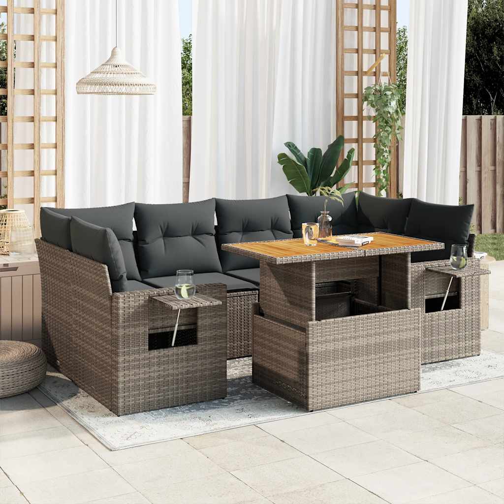 7-tlg. Garten-Sofagarnitur mit Kissen Schwarz Poly Rattan