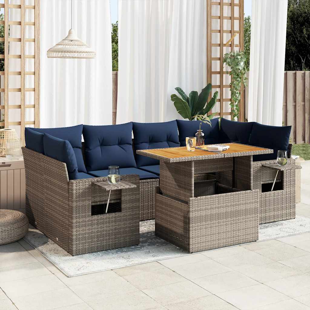 7-tlg. Garten-Sofagarnitur mit Kissen Schwarz Poly Rattan