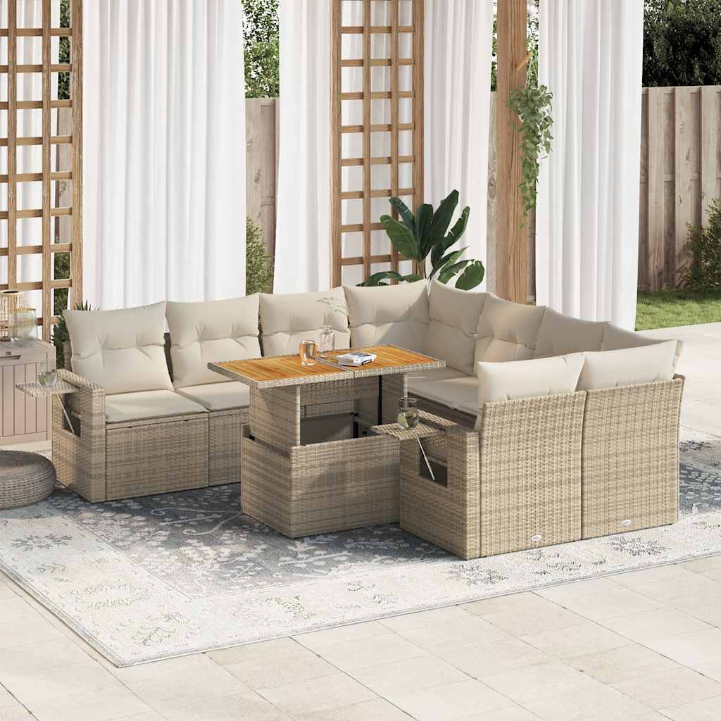 9-tlg. Garten-Sofagarnitur mit Kissen Schwarz Poly Rattan