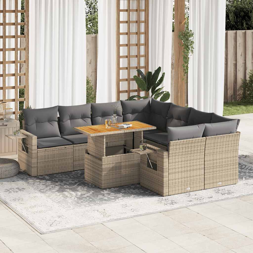 9-tlg. Garten-Sofagarnitur mit Kissen Schwarz Poly Rattan