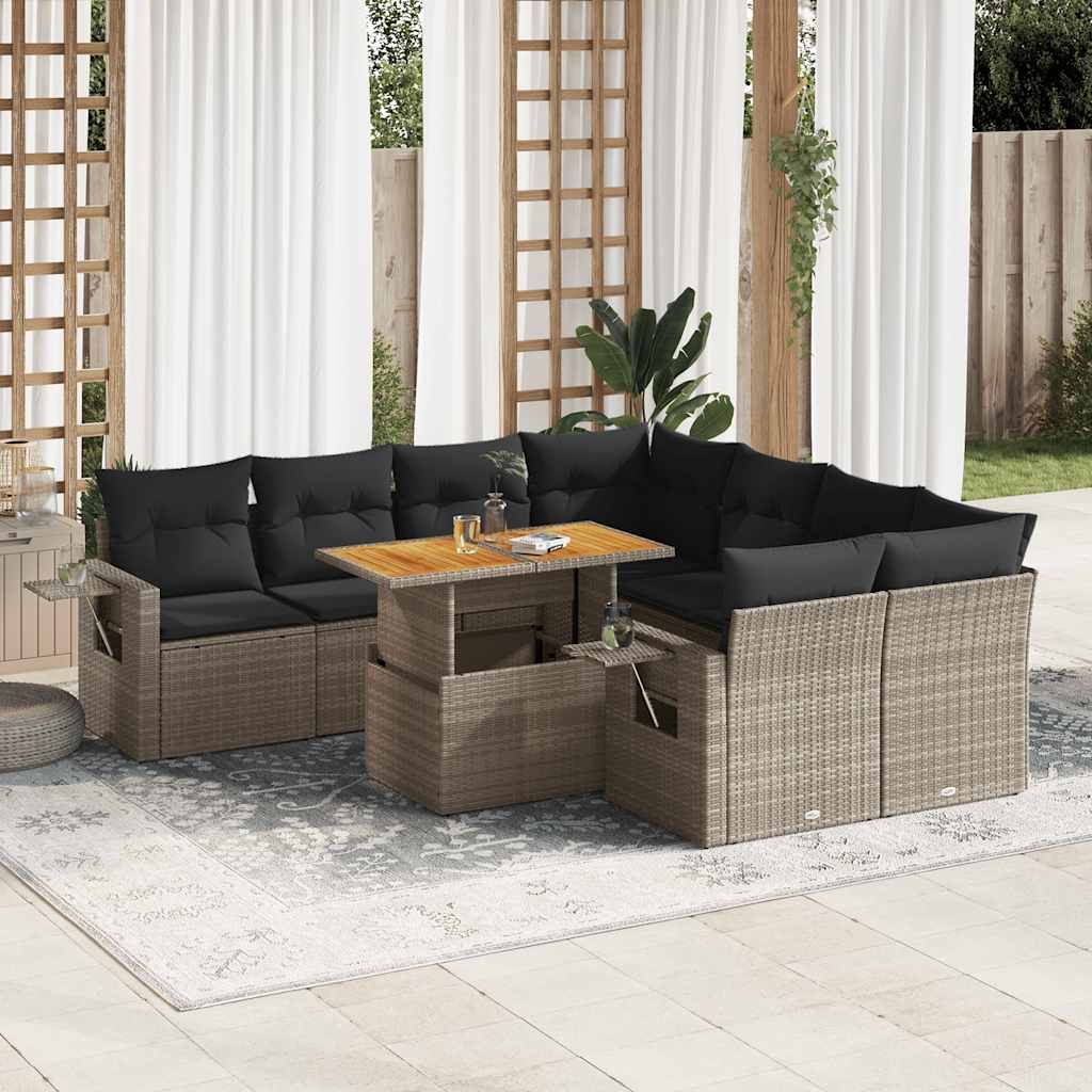 9-tlg. Garten-Sofagarnitur mit Kissen Schwarz Poly Rattan