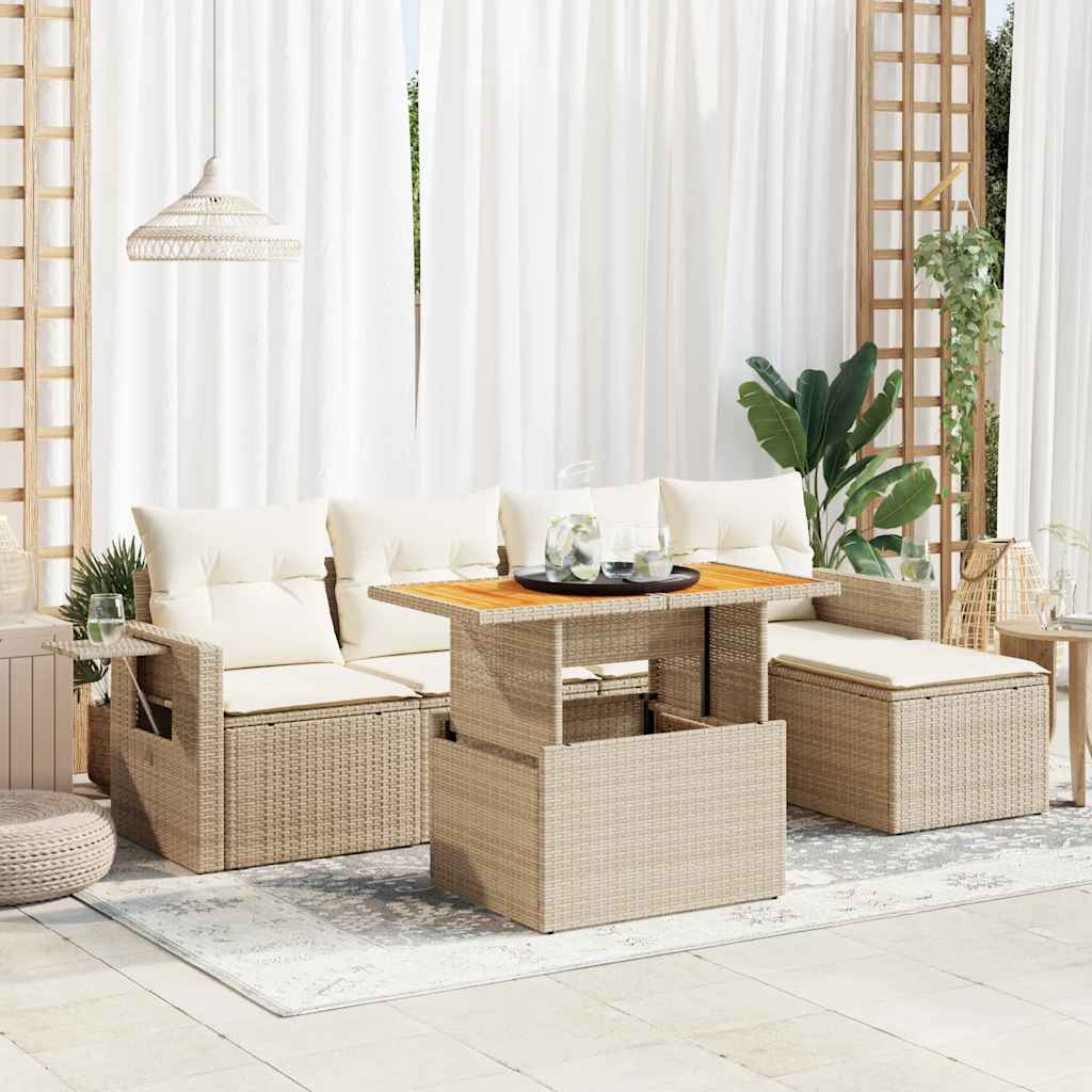 6-tlg. Garten-Sofagarnitur mit Kissen Schwarz Poly Rattan