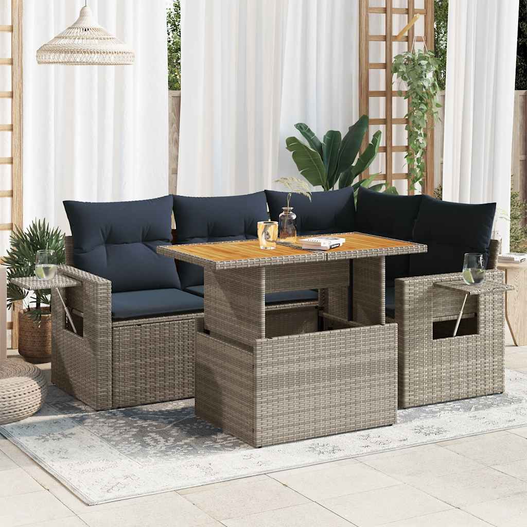 5-tlg. Garten-Sofagarnitur mit Kissen Schwarz Poly Rattan