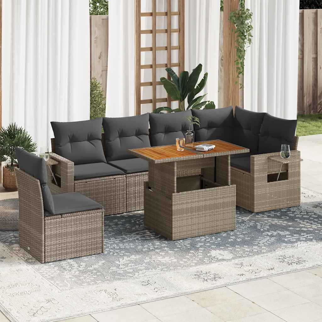 7-tlg. Garten-Sofagarnitur mit Kissen Schwarz Poly Rattan