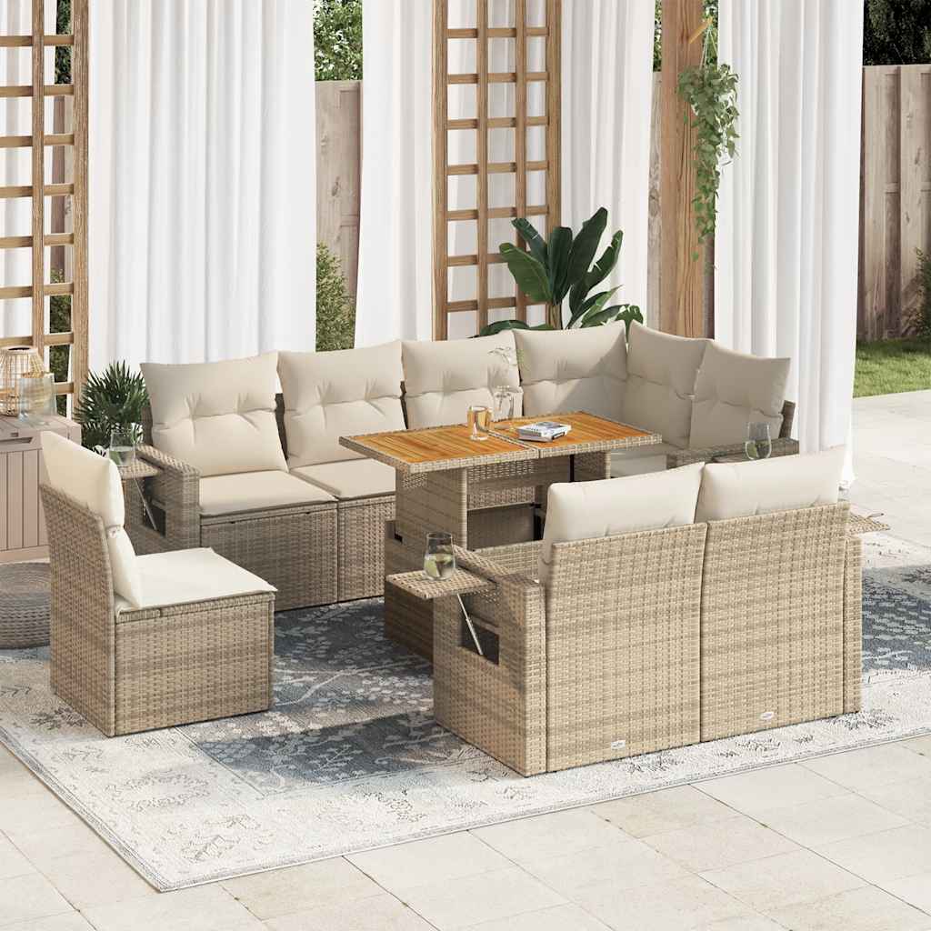 9-tlg. Garten-Sofagarnitur mit Kissen Schwarz Poly Rattan