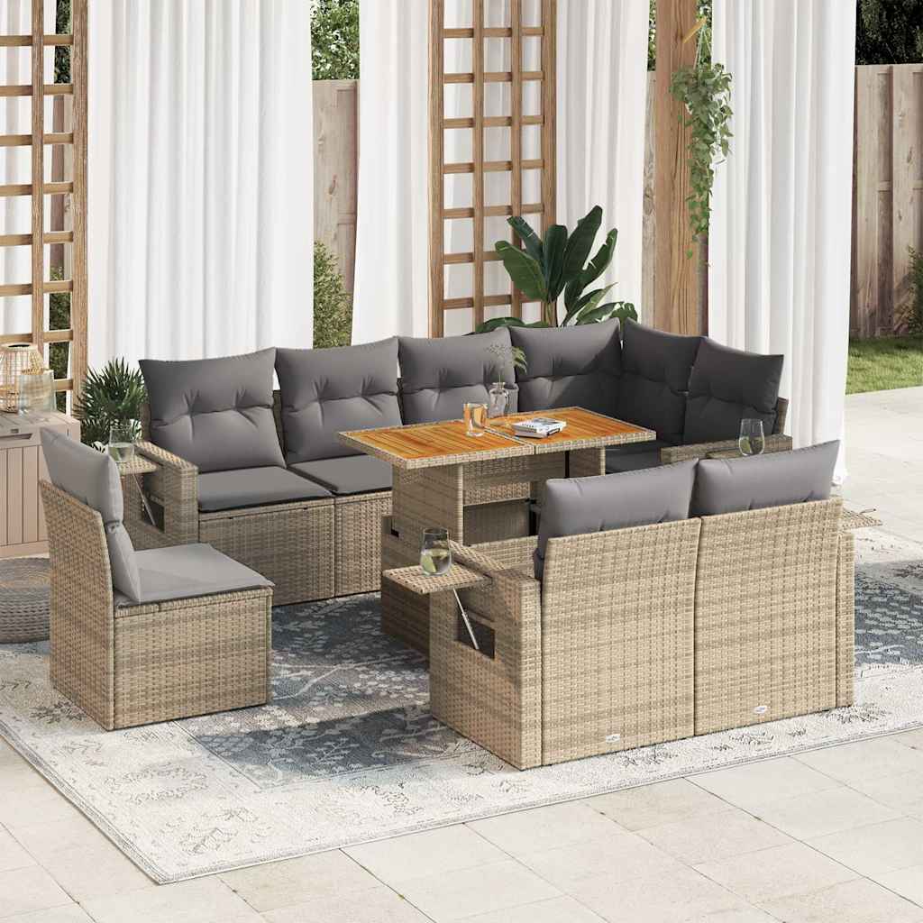 9-tlg. Garten-Sofagarnitur mit Kissen Schwarz Poly Rattan