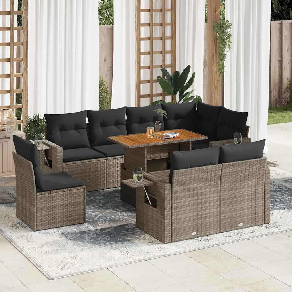 9-tlg. Garten-Sofagarnitur mit Kissen Schwarz Poly Rattan