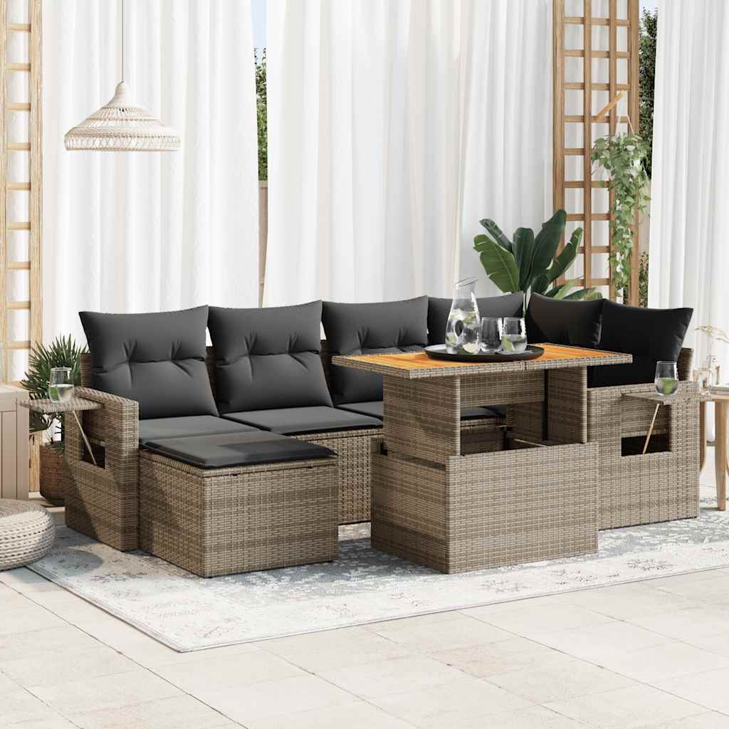 7-tlg. Garten-Sofagarnitur mit Kissen Schwarz Poly Rattan
