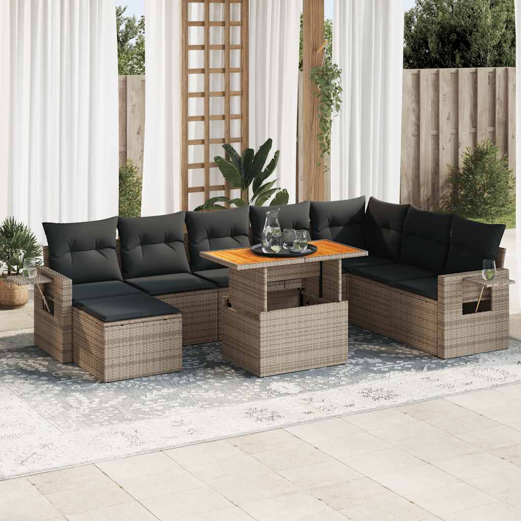9-tlg. Garten-Sofagarnitur mit Kissen Schwarz Poly Rattan