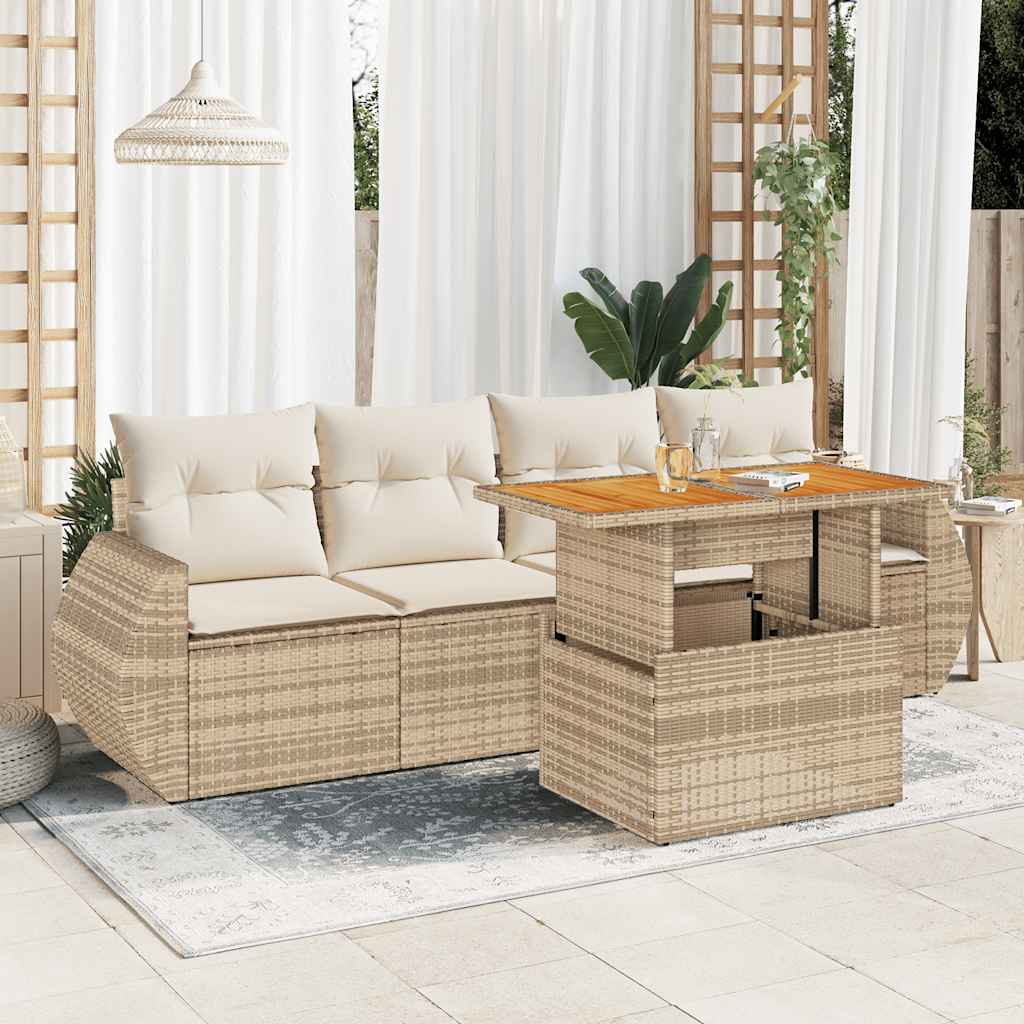 5-tlg. Garten-Sofagarnitur mit Kissen Schwarz Poly Rattan