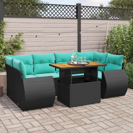 7-tlg. Garten-Sofagarnitur mit Kissen Schwarz Poly Rattan