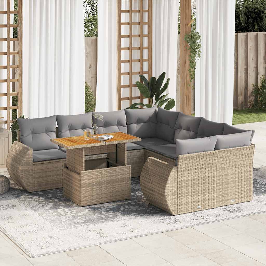 9-tlg. Garten-Sofagarnitur mit Kissen Schwarz Poly Rattan