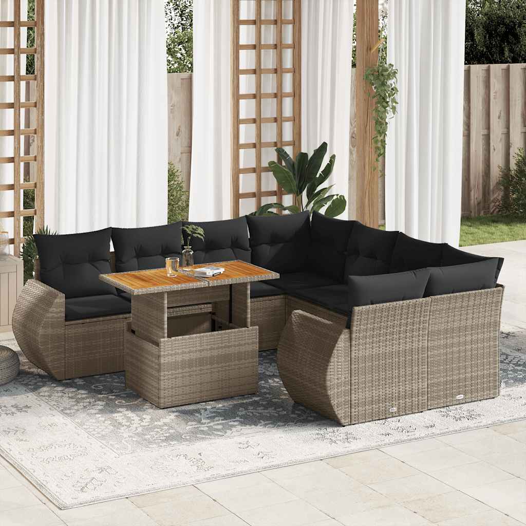9-tlg. Garten-Sofagarnitur mit Kissen Schwarz Poly Rattan