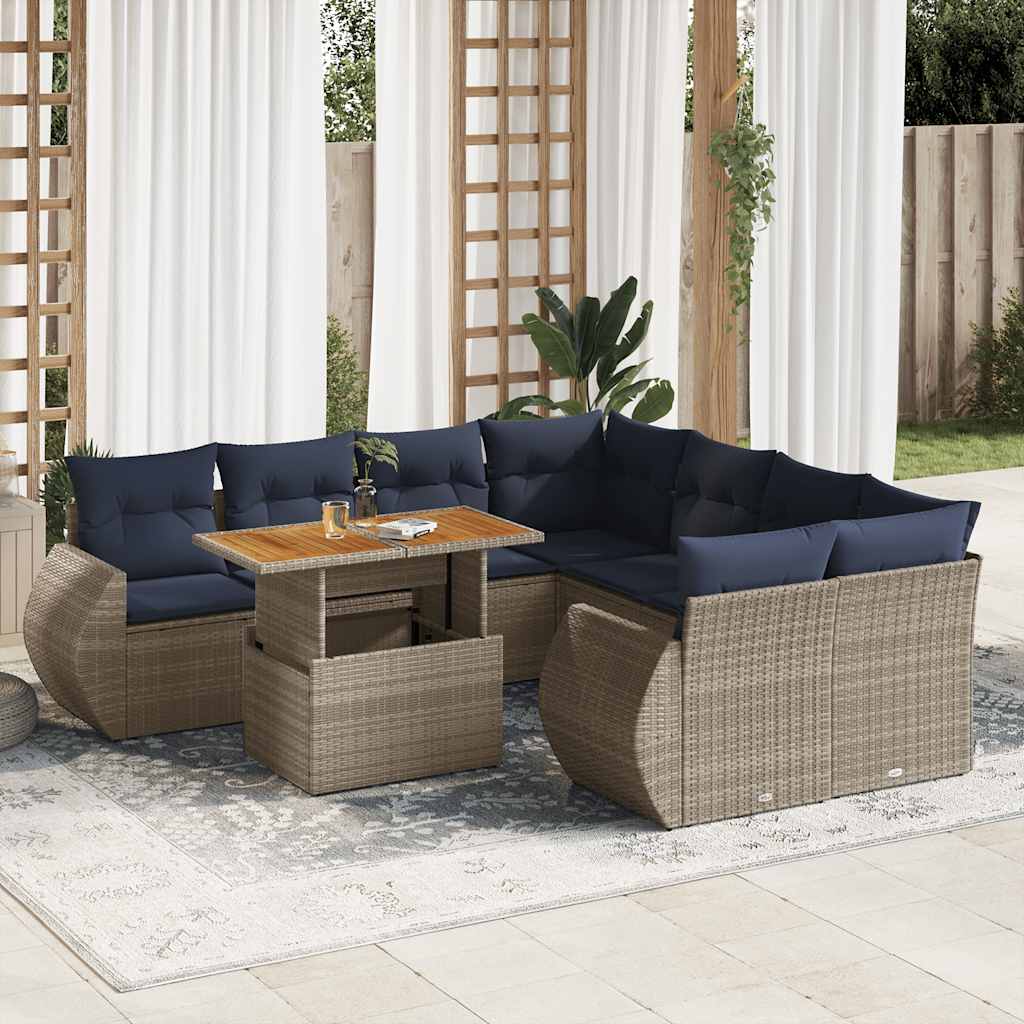 9-tlg. Garten-Sofagarnitur mit Kissen Schwarz Poly Rattan