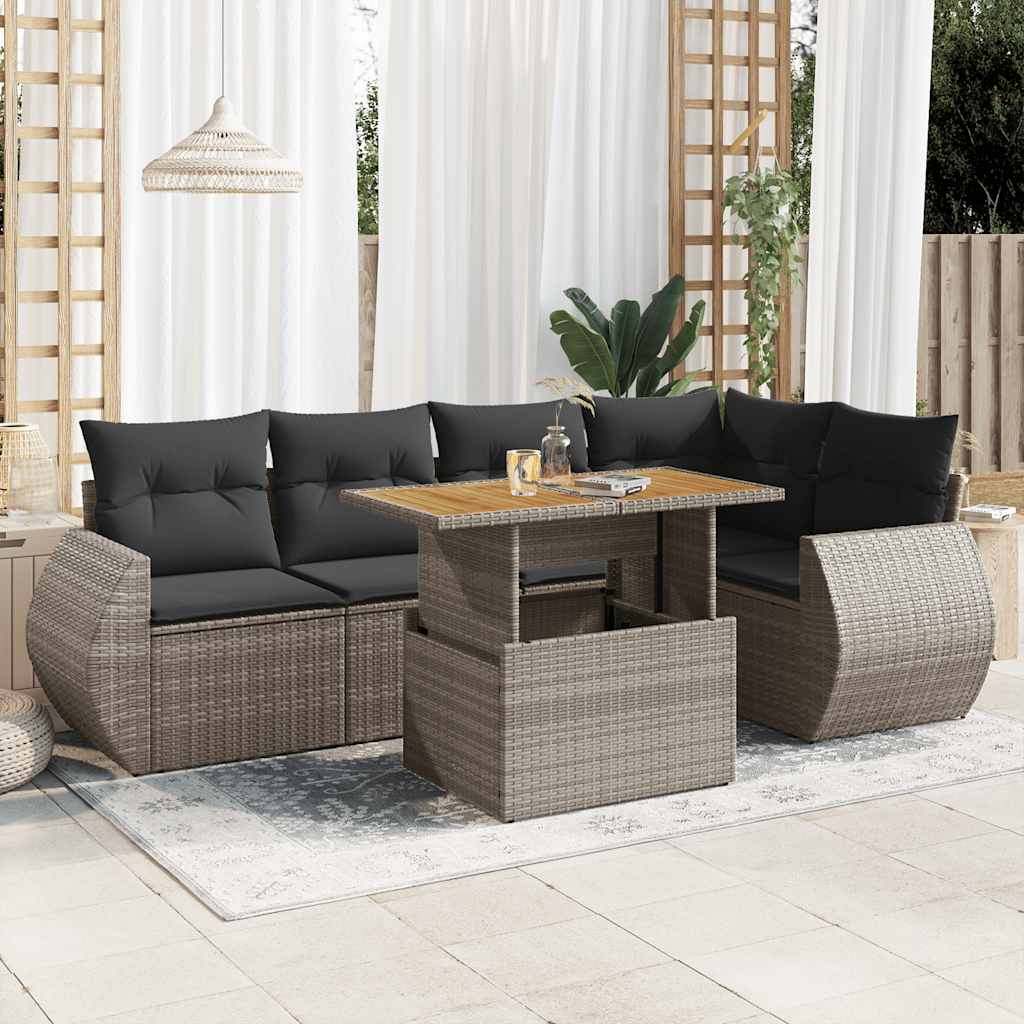 6-tlg. Garten-Sofagarnitur mit Kissen Schwarz Poly Rattan