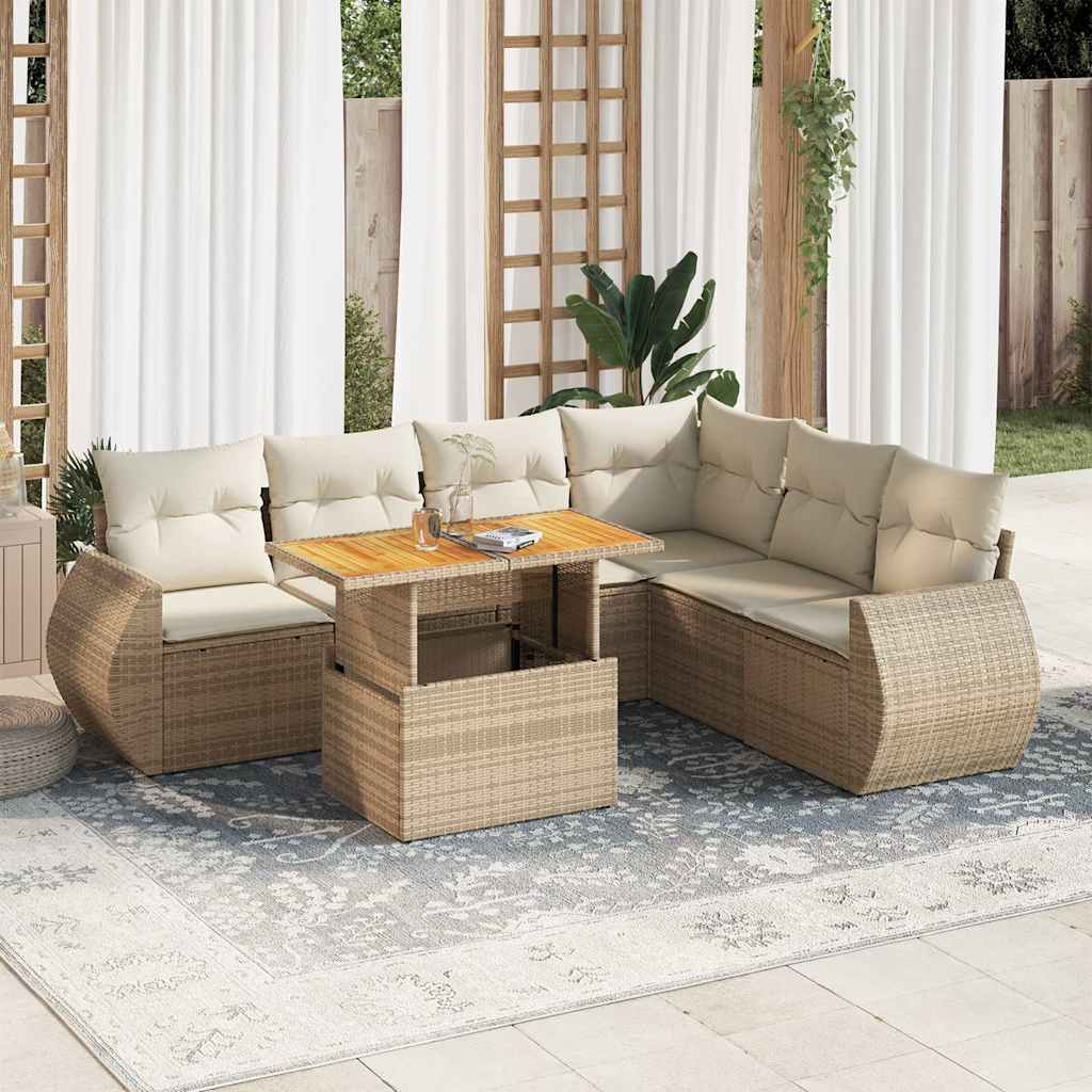 7-tlg. Garten-Sofagarnitur mit Kissen Schwarz Poly Rattan