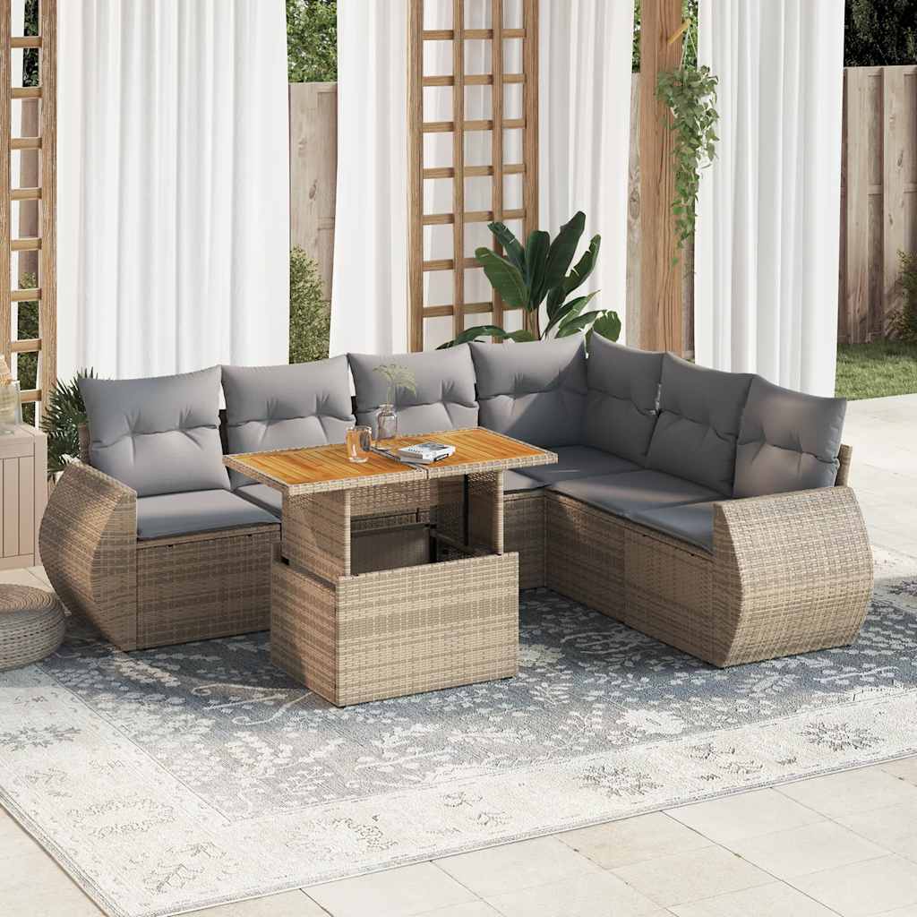 7-tlg. Garten-Sofagarnitur mit Kissen Schwarz Poly Rattan