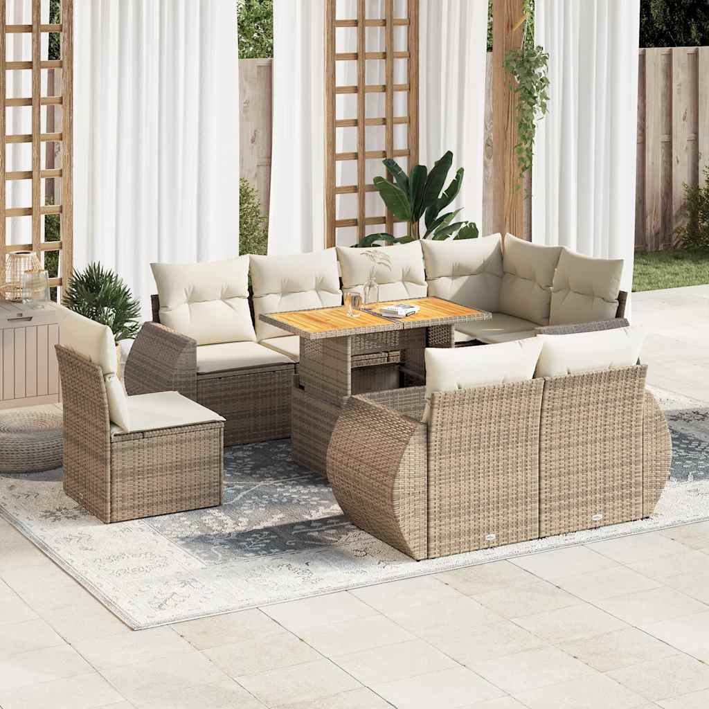 9-tlg. Garten-Sofagarnitur mit Kissen Schwarz Poly Rattan