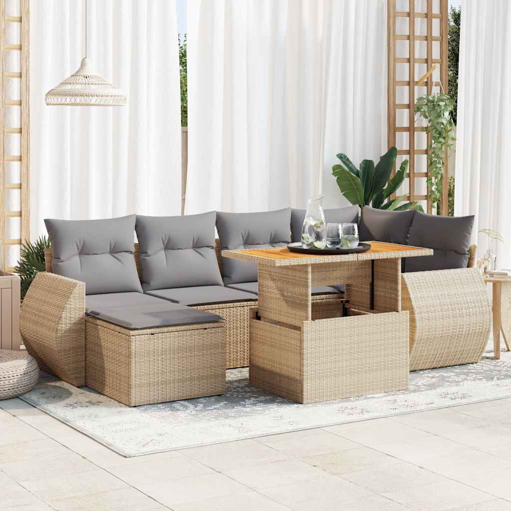 7-tlg. Garten-Sofagarnitur mit Kissen Schwarz Poly Rattan