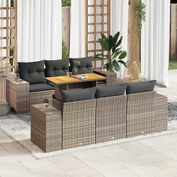 7-tlg. Garten-Sofagarnitur mit Kissen Schwarz Poly Rattan
