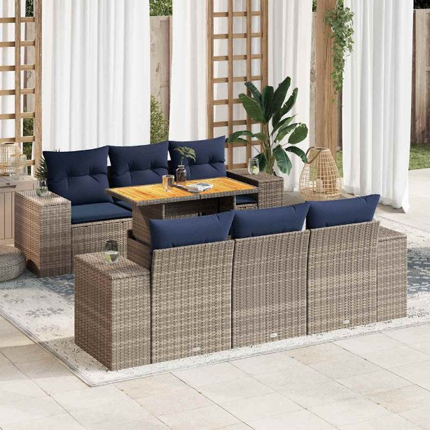 7-tlg. Garten-Sofagarnitur mit Kissen Schwarz Poly Rattan