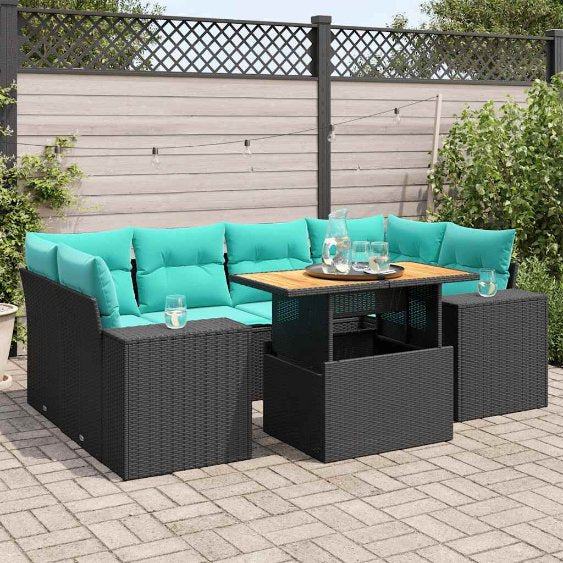 7-tlg. Garten-Sofagarnitur mit Kissen Schwarz Poly Rattan