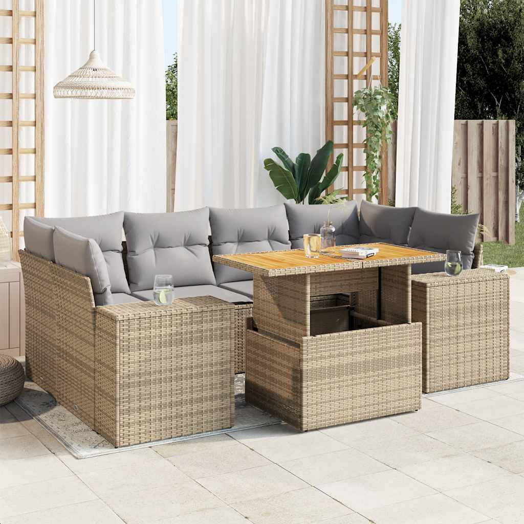 7-tlg. Garten-Sofagarnitur mit Kissen Schwarz Poly Rattan