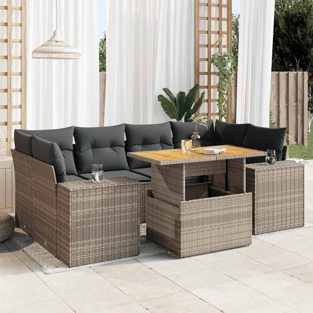 7-tlg. Garten-Sofagarnitur mit Kissen Schwarz Poly Rattan