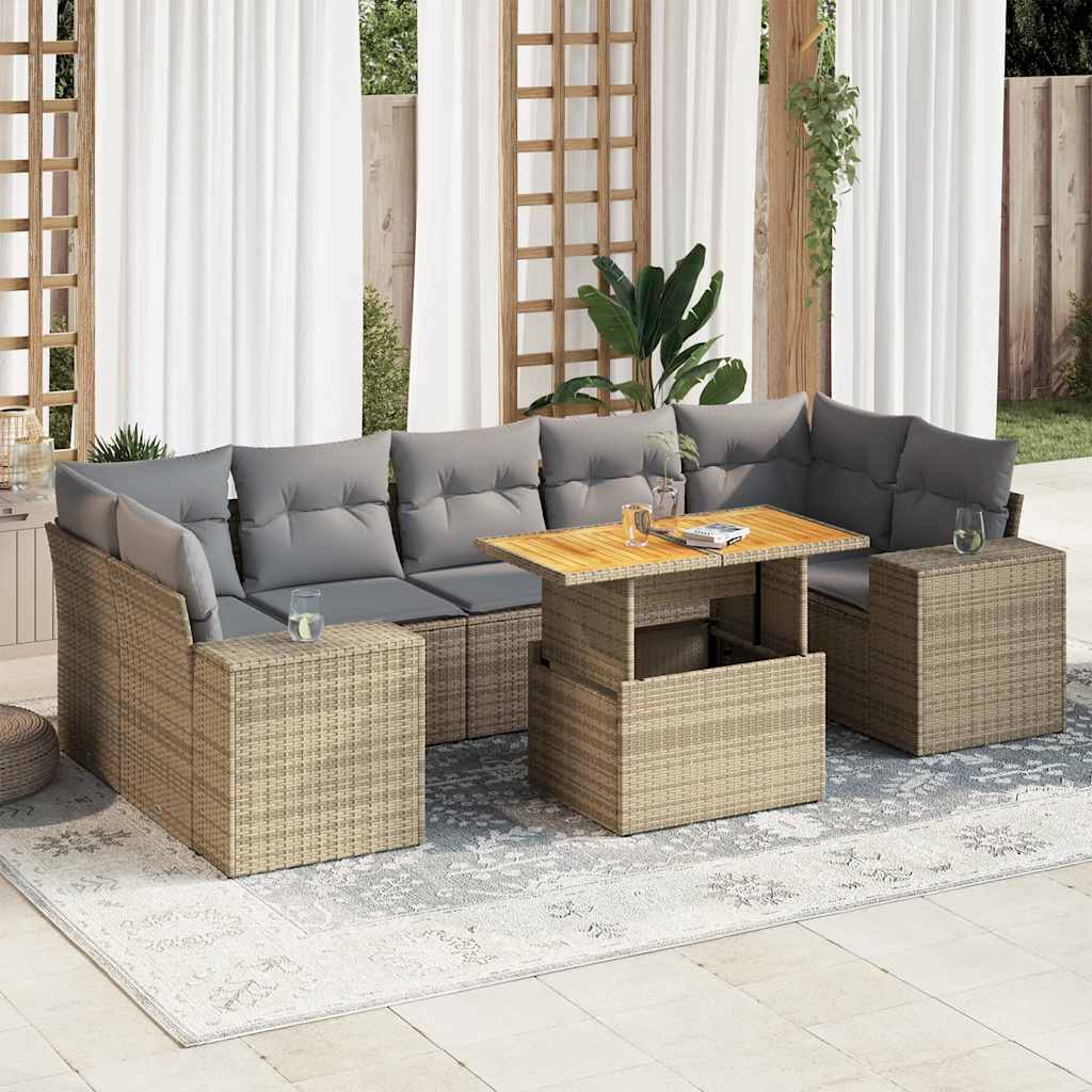 8-tlg. Garten-Sofagarnitur mit Kissen Schwarz Poly Rattan