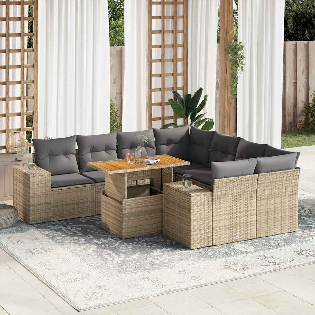 9-tlg. Garten-Sofagarnitur mit Kissen Schwarz Poly Rattan